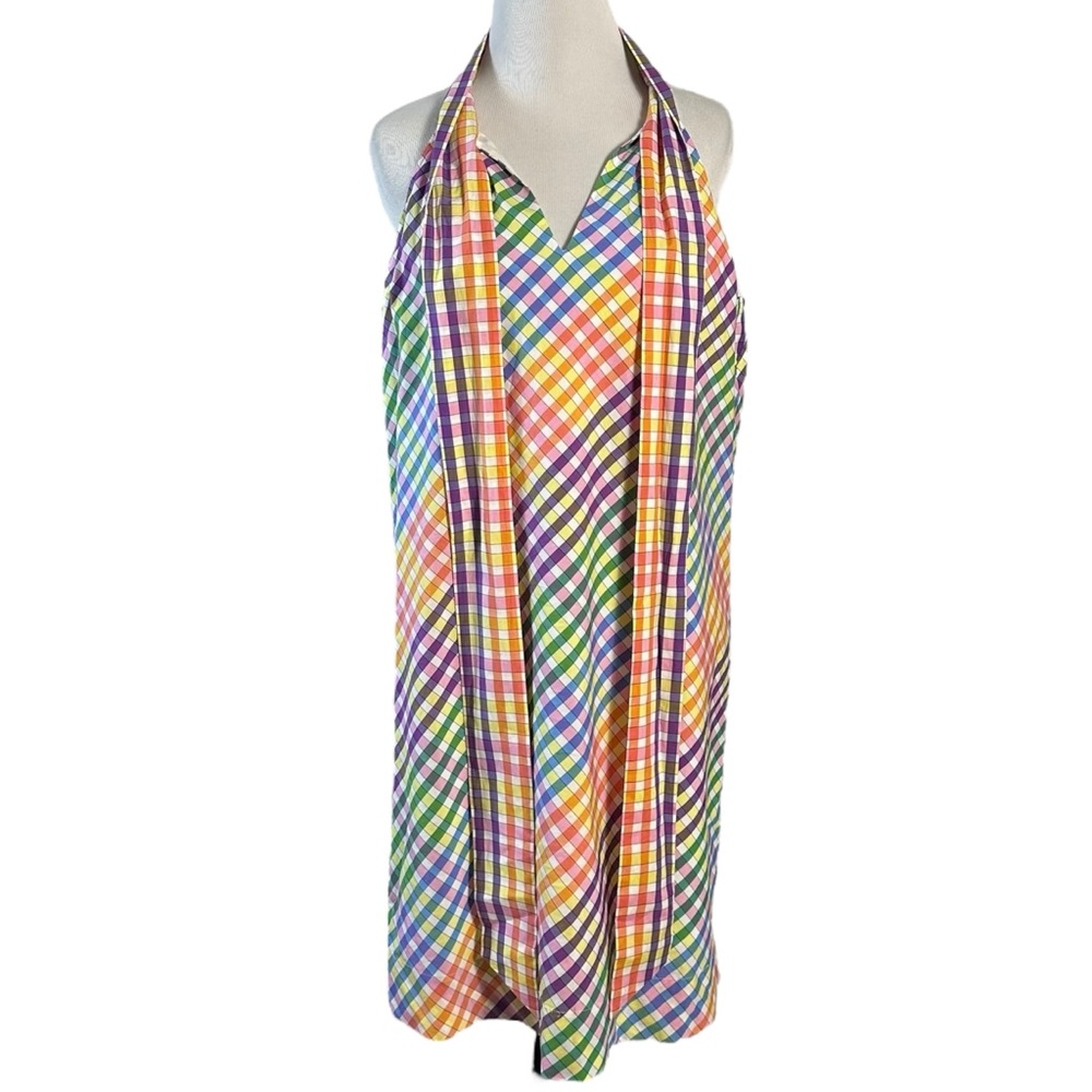 J.Crew Tie Neck Rainbow Gingham Dress Size 8 Plaid Preppy Bow Summer - Picture 13 of 16